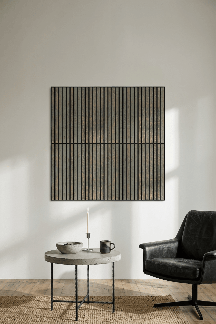 Minimalist space with a black leather chair, concrete table, striped art, and WoodUpp Akupixel acoustic panel in Oxide Grey with black felt.